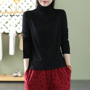Derong Women's Half High Neck <b>Long</b> <b>Sleeve</b> T-Shirt Beige Ginger Yellow Green Coffee Black Solid Color Splicing <b>Base</b> <b>Layer</b> Slim - Product Image 2