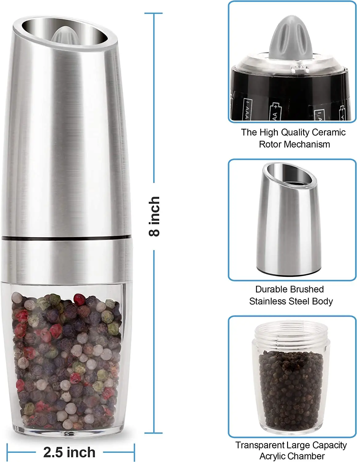 Large Capacity Electric Pepper Grinder Salt Mill Gravity Control Shaker Adjustable Coarseness Grinder
