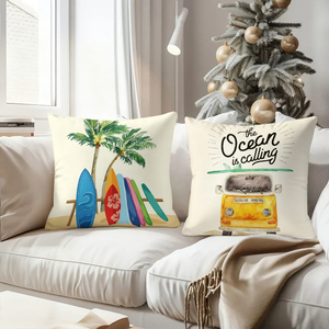 Bantal hias bernuansa laut menghiasi ruang tamu yang nyaman dengan papan selancar, pohon palem, dan mobil van vintage untuk dekorasi pecinta pantai. - Product Image 4