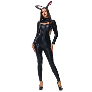 Combinaison de démon en cuir noir pour femme avec cornes et faucille, costume sexy pour Halloween - Product Image 5
