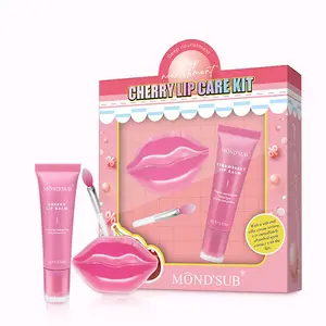 Kit de labios rosa de fruta vegana coreana, Gel hidratante para dormir, máscara de bálsamo labial brillante, conjunto de cuidado de labios de cereza, Etiqueta Privada