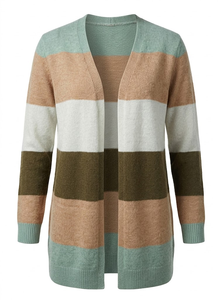 Cardigan long d'hiver pour femme, rayé, contrasté, ouvert sur le devant, en maille douce, anti-plis, respirant, décontracté - Product Image 2