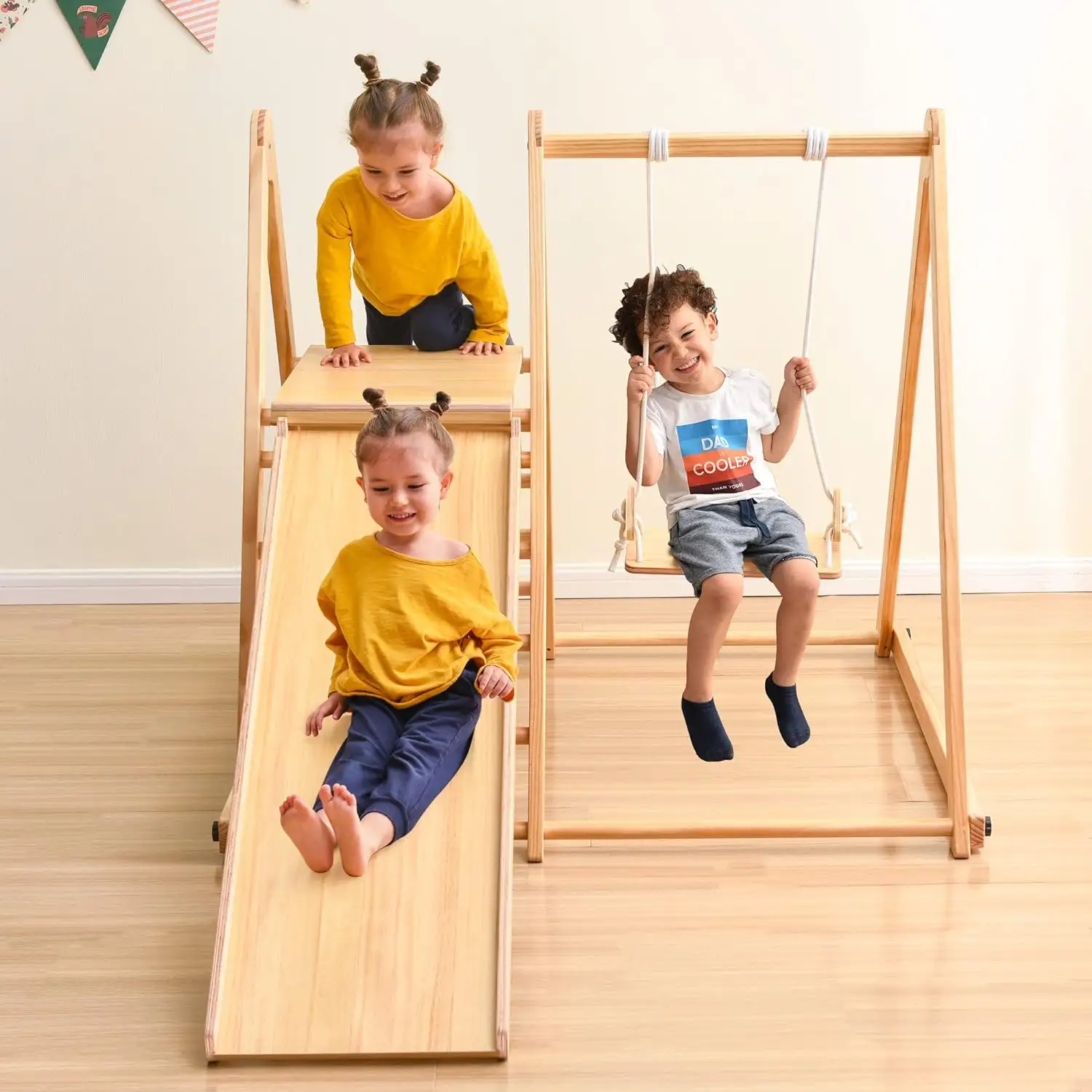 Indoor Jungle Gym Set ayunan montesori anak-anak, Set perosori memanjat 4 dalam 1 dengan perosotan kayu untuk anak-anak