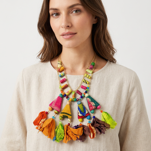 Collar de Borlas Hecho a Mano con Baño de Oro, Estilo Bohemio para Mujer, con Cuentas de Colores y Cadena de Eslabones, Ecológico, para Fiestas - Product Image 2