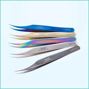 Pinces à extensions de cils Vetus MCS-12 en acier inoxydable, forme coudée de précision, lot de 4 pièces - Product Image 5