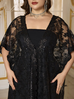 Robe de soirée formelle à deux pièces, taille plus, noire, sans bretelles, avec broderie de paillettes, double portée avec châle, motif floral coupé aléatoirement