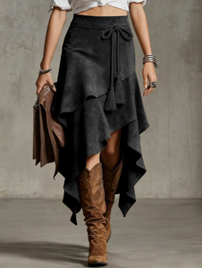 Gonne Vintage Western da Cowgirl in Morbida Finta Pelle Scamosciata, Eleganti Gonne Asimmetriche Boho con <span class=keywords><strong>Frange</strong></span> e Nappe per Donna - Product Image 3