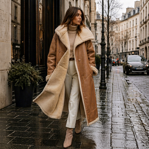 Women Genuine Shearling Long Leather <b>Coat</b> Winter <b>Fur</b> <b>Lined</b> Warm Double Breasted Shawl Collar Outerwear - Product Image 1