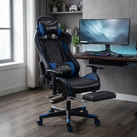 Chaise de jeu noire et bleue en cuir PU, chaise de bureau pour ordinateur, accoudoirs réglables, roulettes pivotantes, capitonnage diamanté