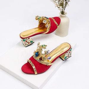 Rivet Diamond Crown Decor Sandals Women Colorful Rhinestone Square <b>Heel</b> Luxury <b>Suede</b> Mules Summer Slide High <b>Heels</b> - Product Image 4