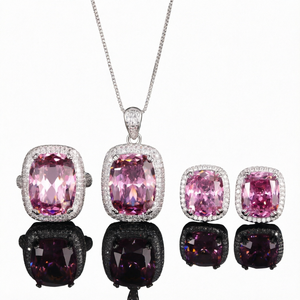 Ensemble de bijoux en zircon rose, collier, bague et boucles d'oreilles en laiton plaqué platine pour femmes, cadeau - Product Image 1