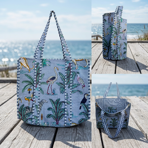 Tranquil Light Blue Jungle Theme Block Print Tote Bag-Bolsa de viaje de algodón sostenible - Product Image 3