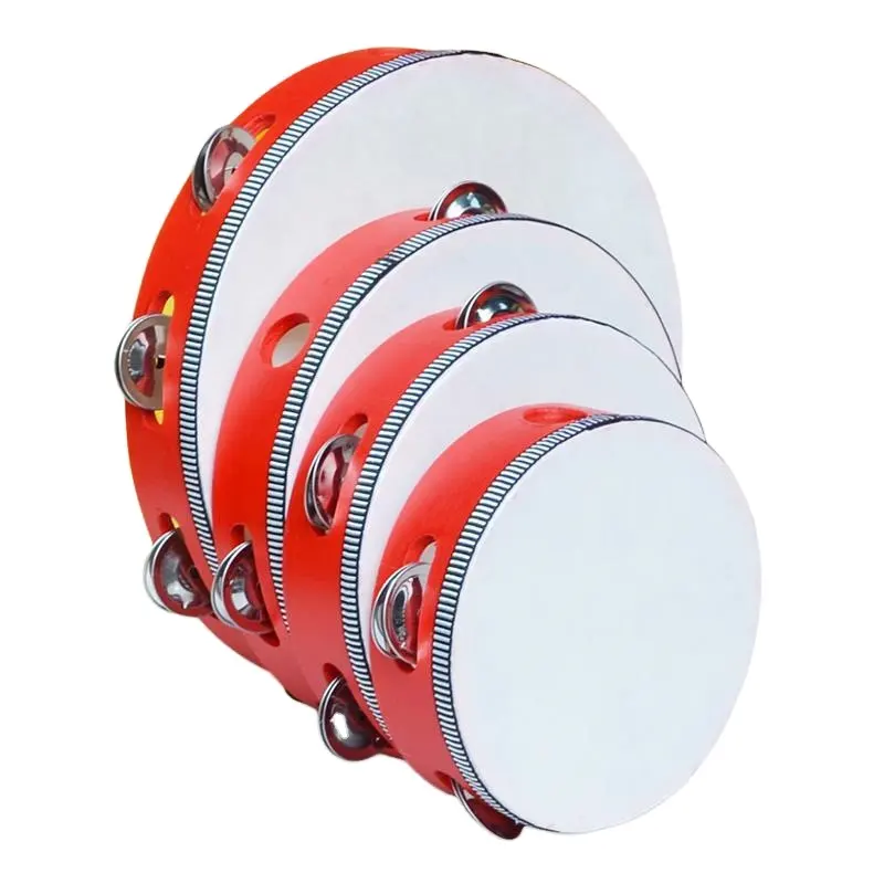 Whole sale 4" 6" 8" 10" Red Percussion Instruments Wood Shell Handmade Skin Hand Drum Head Tambourine With Bells