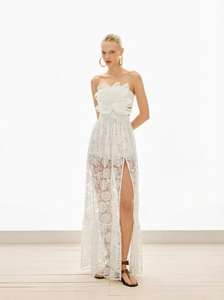 Vestido maxi casual <span class=keywords><strong>rosa</strong></span> A-Line A11494 con encaje, sin tirantes, sin espalda, <span class=keywords><strong>de</strong></span> punto, con patrón plano y lentejuelas, modelo <span class=keywords><strong>de</strong></span> imagen. - Product Image 3