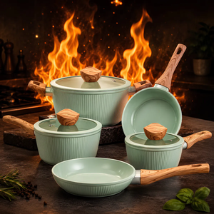 Ensemble de casseroles et poêles de haute qualité avec couvercles en verre, poignées en bois doux au toucher, revêtement céramique antiadhésif, compatible induction, en alliage d'aluminium forgé pour four - Product Image 1