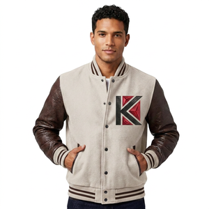 Veste universitaire en laine bleu royal pour hommes, marron foncé, peau de vache blanchie, manches en cuir, broderie, décoration, patch chenille, hiver - Product Image 2