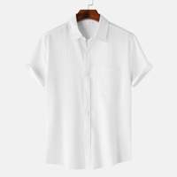 Neues modisches Sommer-Herrenhemd aus einfarbigem, garngefärbtem Twill-Leinen/Baumwolle mit Revers, kurzen Ärmeln, umweltfreundlich, knitterarm und schnelltrocknend