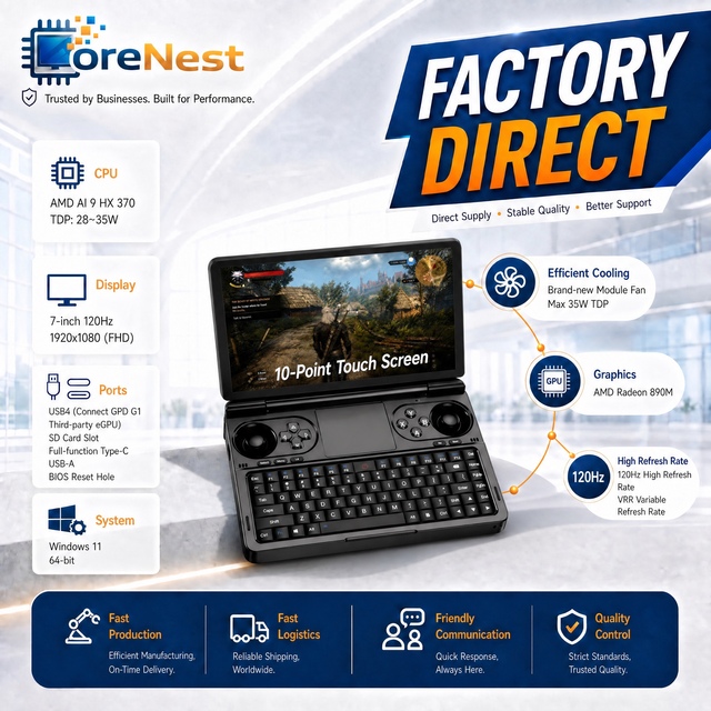 CoreNest Mini 7 Inch Game Laptop AMD Ryzen AI 9 HX 370 AI Performance 80 TOPS 120Hz Handheld PC Laptop Wholesale Gaming Laptop