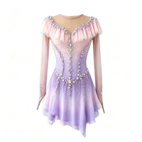 Robe de patinage artistique à col volanté dégradé rose et violet avec strass, manches longues, en tissu mesh pour compétition de patinage sur glace pour adultes et enfants