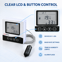 Alat Pengukur Suhu dan Kelembapan Eksternal -40 hingga 125 ℃   Kalibrasi Alarm Batas Atas Bawah RH 0-100%