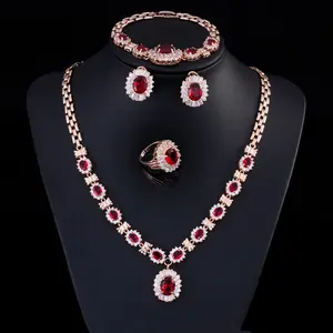 4 Piece Luxury Nigerian Yellow Gold Designs Indian Wedding Red Cubic Zirconia Bridal Jewelry Sets For Women Party Accessories