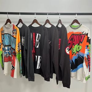 Coton de haute qualité sur la taille T-shirt hommes Streetwear Hop lettre Graffiti imprimé Saint <span class=keywords><strong>Michael</strong></span> T-Shirt à manches longues - Product Image 1