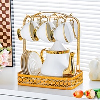Service à thé en céramique de style européen, luxe léger, bord doré, avec porte-tasses décoratif pour le thé de l'après-midi à la maison et les loisirs au bureau