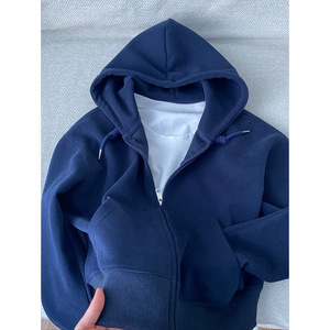 <span class=keywords><strong>Pull</strong></span> à capuche zippé <span class=keywords><strong>bleu</strong></span> <span class=keywords><strong>marine</strong></span> pour homme, cardigan épais à capuche <span class=keywords><strong>oversize</strong></span> pour couple américain, collection printemps - Product Image 2