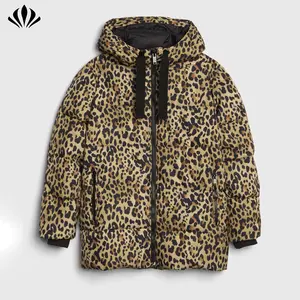 Custom Leopard Print Puffer Jacket with Hood Recycled Polyester Water Resistant Women Winter Jacket