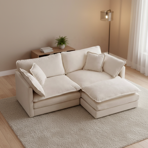 Sofá en Forma de L de Tela de Felpa Beige con Chaise Longue a la Derecha, Modular, Asientos Profundos, Cojines Cómodos <span class=keywords><strong>para</strong></span> Sala de Estar Pequeña, Estilo Minimalista - Product Image 6