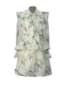 <span class=keywords><strong>Abito</strong></span> Primaverile 2026 Stile Mori Girl Retrò con Cintura, <span class=keywords><strong>Maniche</strong></span> <span class=keywords><strong>Lunghe</strong></span> per Donne, Motivo Floreale e Uccelli Azzurri, Gonna Corta con Bordo Arricciato - Product Image 5