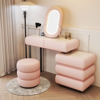 Coiffeuse en bois massif avec plateau en pierre, tiroirs intégrés et armoire éclairée, style moderne minimaliste crème, pour chambre et salon