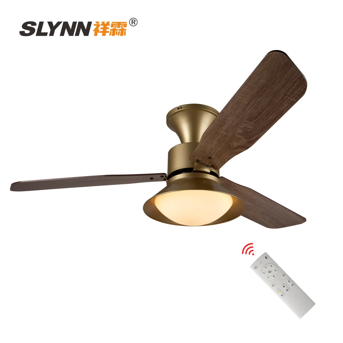 SLYNN Lustre de teto dourado de luxo LED Nordic 110V 220V Ventilador de teto com lâmina de madeira com lâmpada