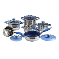 Pegangan silikon biru, peralatan masak Stainless Steel 12 buah