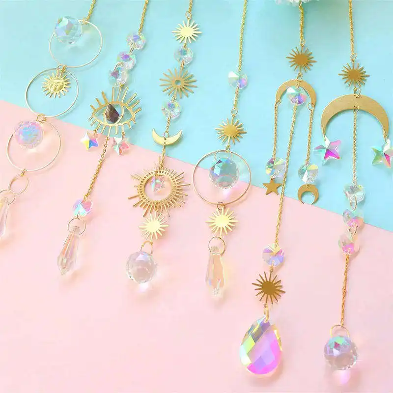 Boho treo pha lê lăng kính Aurora thạch anh tím đá quý trang trí nội thất thủy tinh Sao Mặt Trăng suncatcher nhà sản xuất cửa sổ treo quà tặng