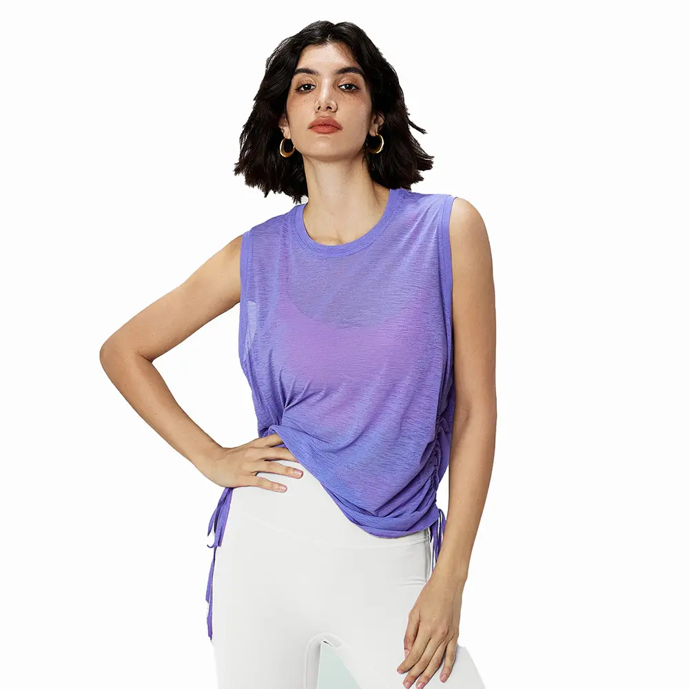 OEM Summer Breathable Yoga Tank Top Women's Loose Round Neck Sleeveless Polyester Smocked Top Hem Drawstring Yoga Cover Up