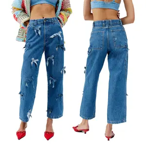 Высококачественные Модные Винтажные женские классические синие джинсы с бантом 100% хлопковые повседневные Прямые брюки