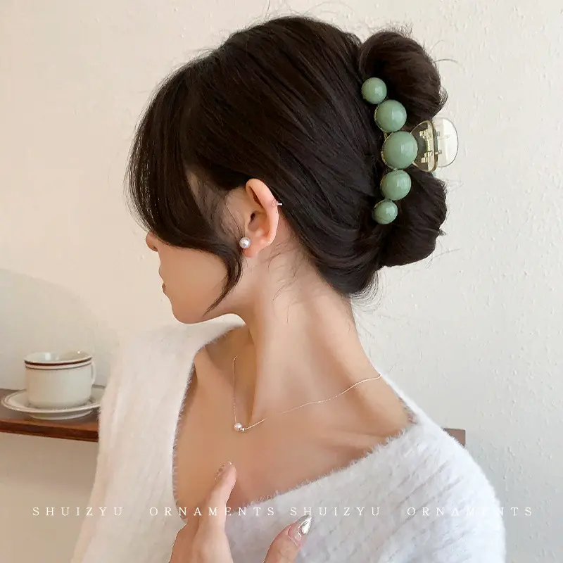 Luxe Groene Parel Haarklauw Clip Vrouwen Updo Bun Light Luxe Stijl Grote Haai Clip Haar Accessoire