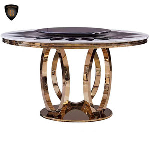 Bộ bàn ăn tròn sang trọng với chân đế thép không gỉ mạ vàng & mặt bàn xoay bằng đá cẩm thạch, thích hợp cho đám cưới & phòng bar - Product Image 5
