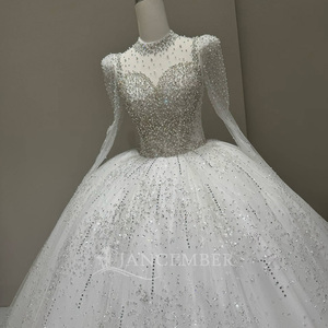Lscm101 Elegant Silver Beaded Bridal Gown Illusion Long Sleeve Sparkly Tulle Ball Gown Princess <b>Wedding</b> Dress Jancember - Product Image 5