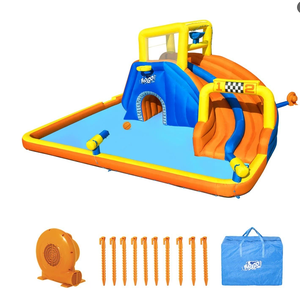Parc aquatique <span class=keywords><strong>gonflable</strong></span> pour enfants <span class=keywords><strong>Bestway</strong></span> 53377 H2OGO 5,51m x 5,02m x 2,65m Super Speedway avec souffleur 220v, utilisation domestique, matériau PVC - Product Image 1