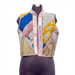 Chaleco Acolchado con Diseño de Patchwork para Mujer, Cuello Alto, Cierre de Cremallera, Mezcla de Poliéster y Algodón, Estilo Otoñal, Largo Regular, Tejido - Product Image 1