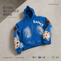 Sweat à capuche oversize en coton 100% RAMAX 460GSM, bleu uni, avec poches multiples et empiècements en chenille suédée aux coudes, style streetwear pour homme