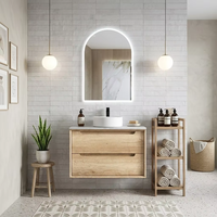 Meuble-lavabo mural flottant sans poignée en chêne neutre, avec tiroirs de rangement et miroir en option pour salles de bain