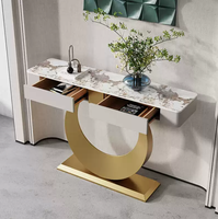 Table console moderne et simple en métal et bois avec plateau rock pour l'entrée de la maison, le mur, le divertissement ou le salon, avec tiroir.