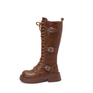 Venta caliente 2024 moda mujer encaje hasta la rodilla botas altas correa en el tobillo punta redonda cuero de vaca botas de mujer - Product Image 2