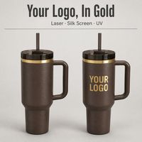 Nouveau Gobelet personnalisable plaqué or 40oz avec logo, couleur café-chocolat, avec poignée et paille