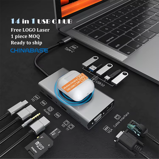 14 in 1 Multifunction  USB-C Hub Dock USB 3.0 2 HDTV Type C Adapter Hub USB C Docking Station With Ethernet
