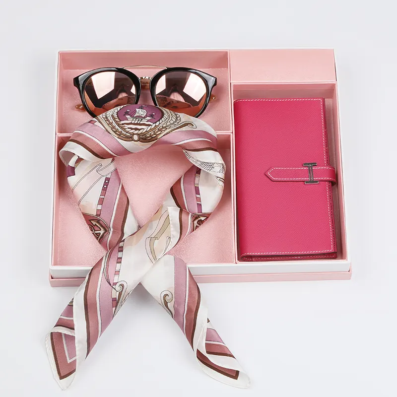 Romantic gift sets 100% Genuine Leather purse sunglass and 100% pure silk scarf for women