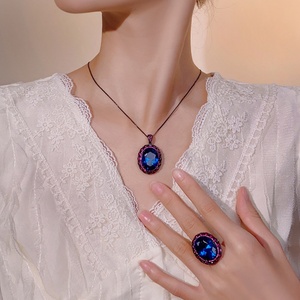 Fashion Jewelry Eco-friendly Copper Black Gold Plated Oval Cut 15*20mm <b>Blue</b> Zircon CZ Diamond <b>Necklace</b> Set for Women - Product Image 6